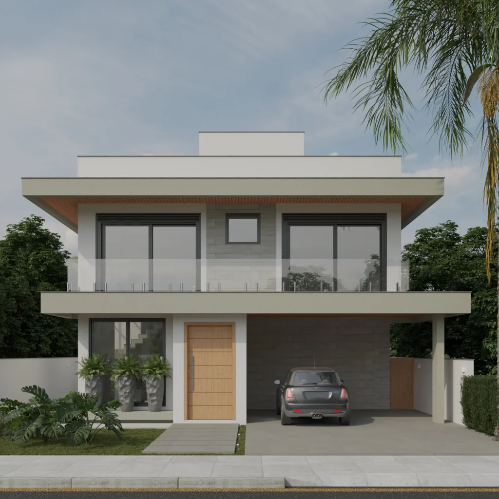 Render da fachada frontal, com o pavimento superior avançando sobre a vaga e o beiral com forro amadeirado