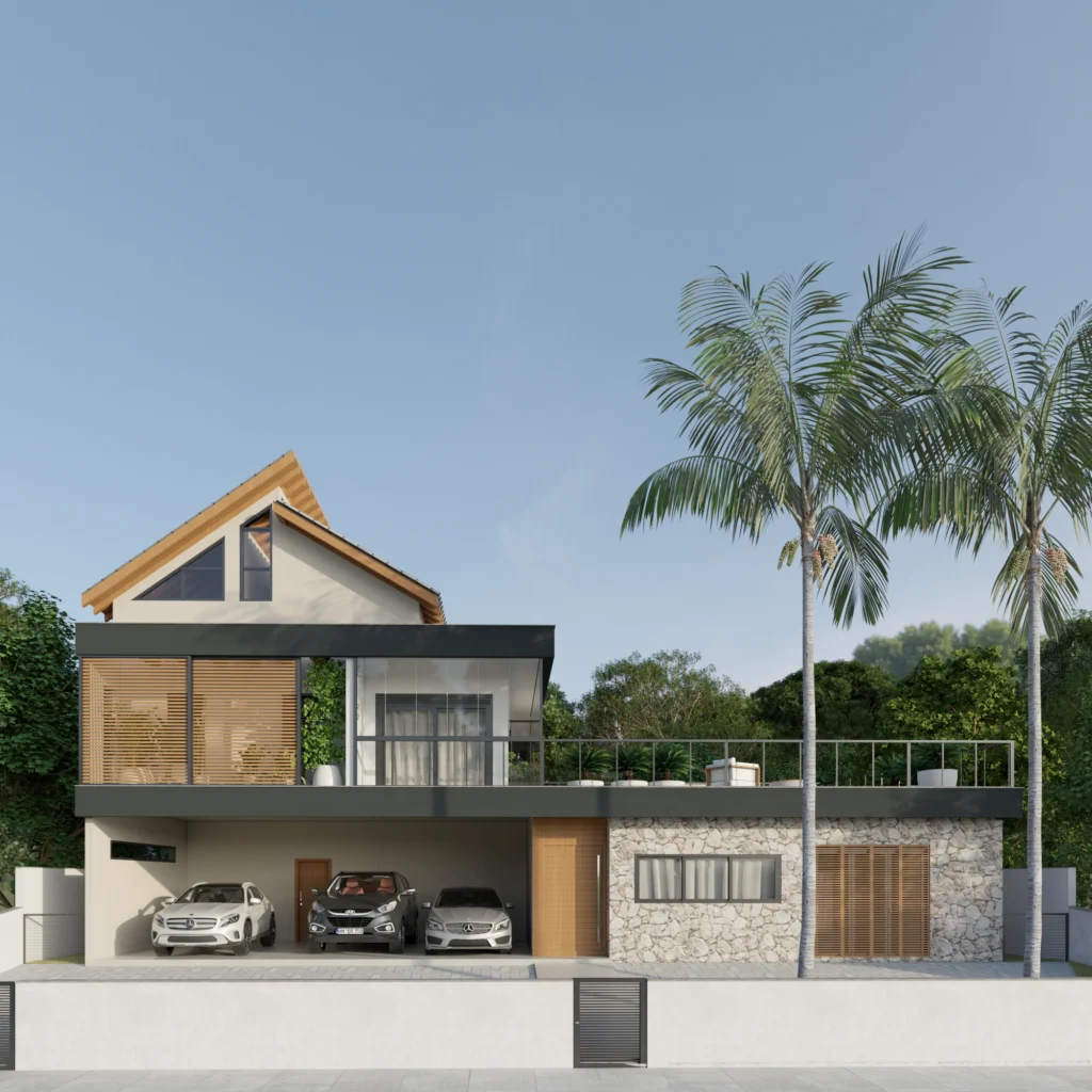 Render da fachada frontal, com base em pedra, garagem no nível inferior e volume superior de telhado em duas águas
