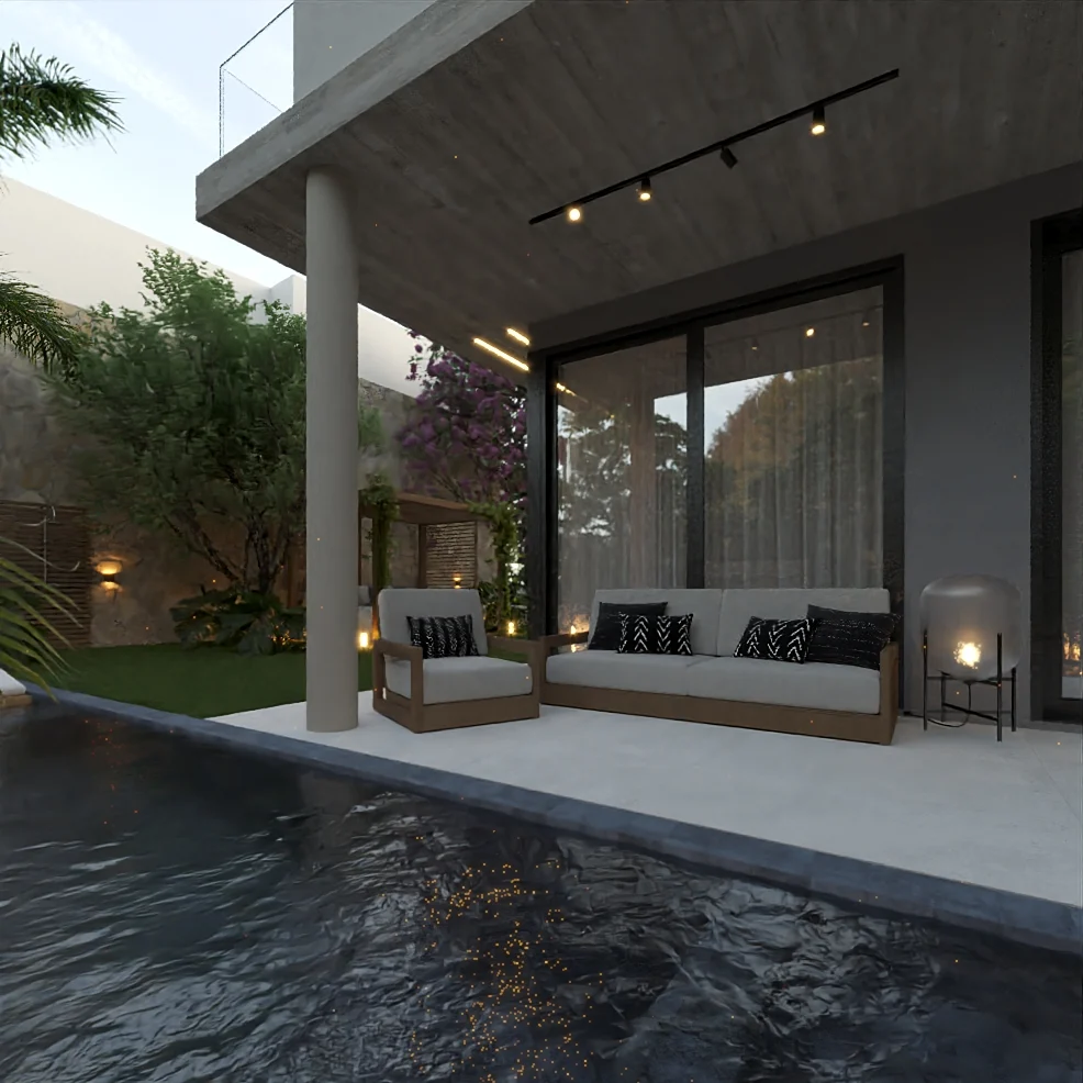 Render da área gourmet ao entardecer, com mobiliário de exterior sob o balanço e a piscina em primeiro plano