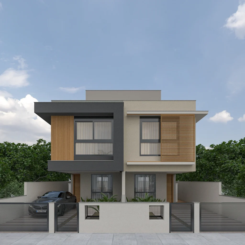 Render da fachada frontal, com composição espelhada, volume superior em balanço, faixas em grafite e painéis ripados de madeira