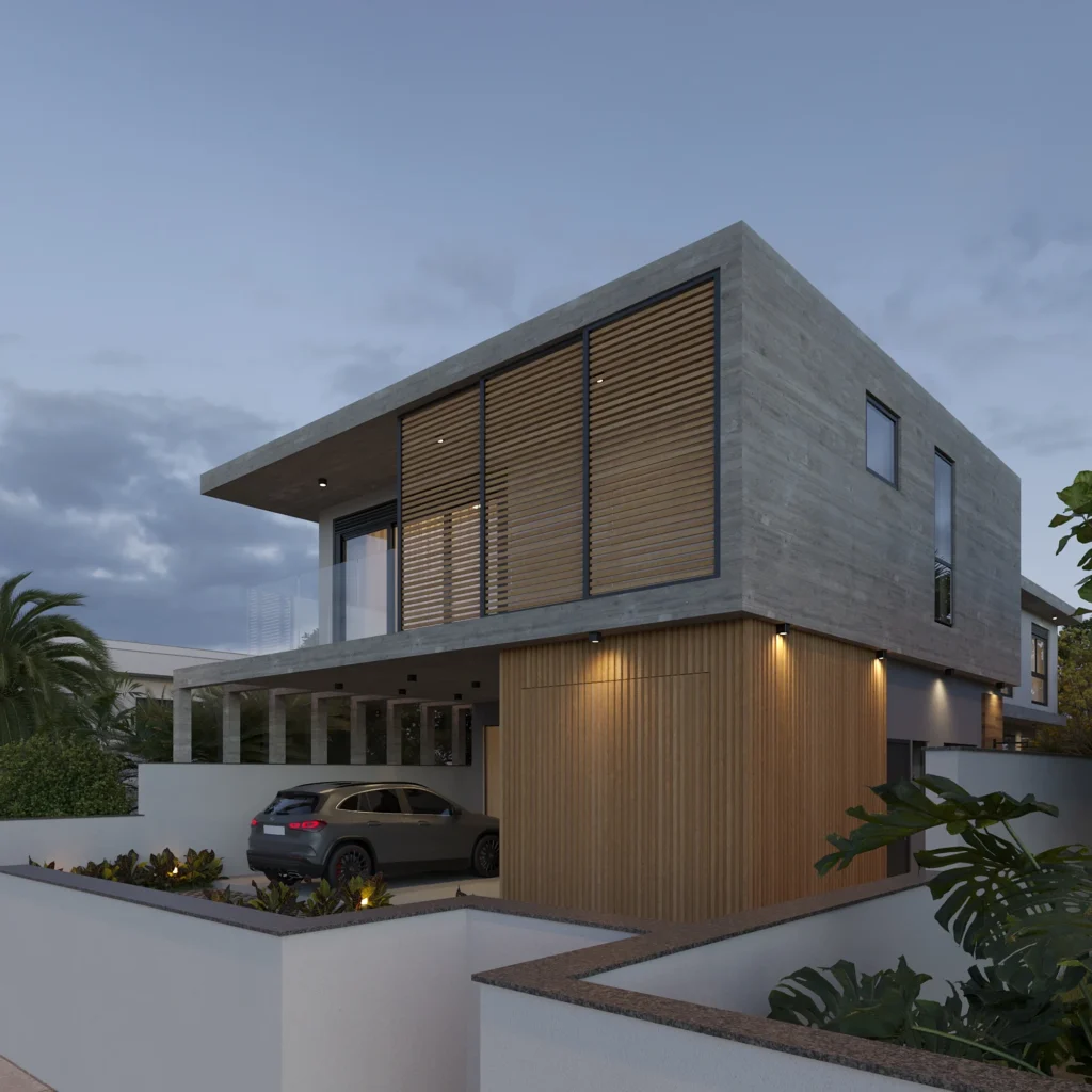 Render da perspectiva frontal ao entardecer, com o brise de madeira e o volume em concreto