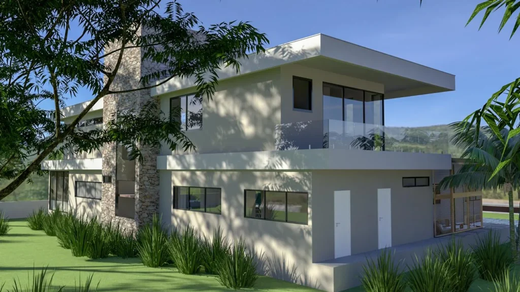 Render da perspectiva lateral esquerda, com o volume de pedra em toda a altura e as aberturas do pavimento superior