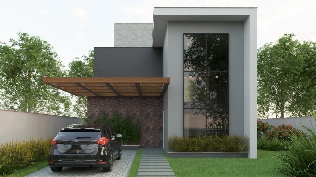 Render da fachada frontal, com pergolado de madeira sobre a vaga e o painel de pedra no acesso
