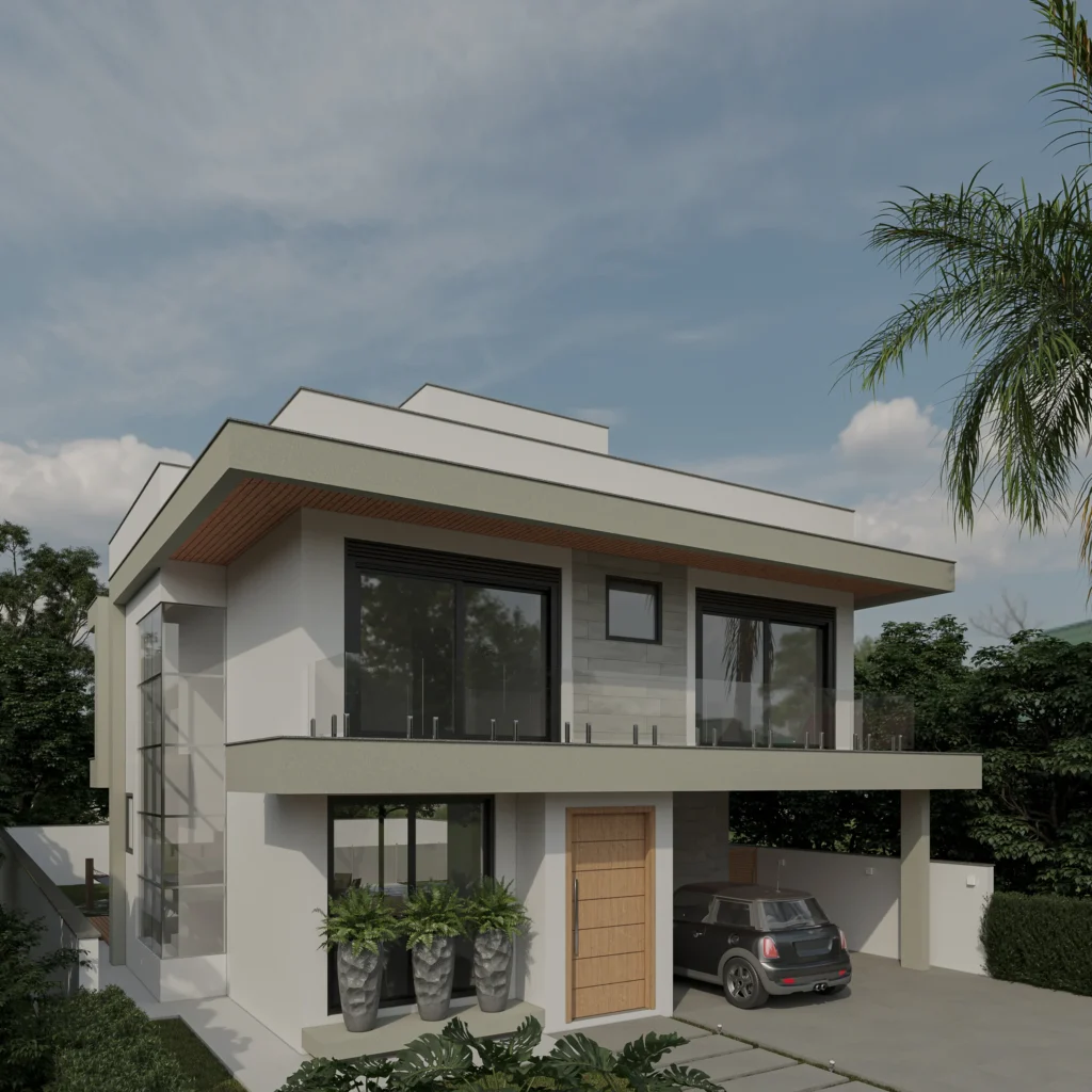 Render da perspectiva frontal pelo outro ângulo, com o caimento da cobertura e a esquadria de canto