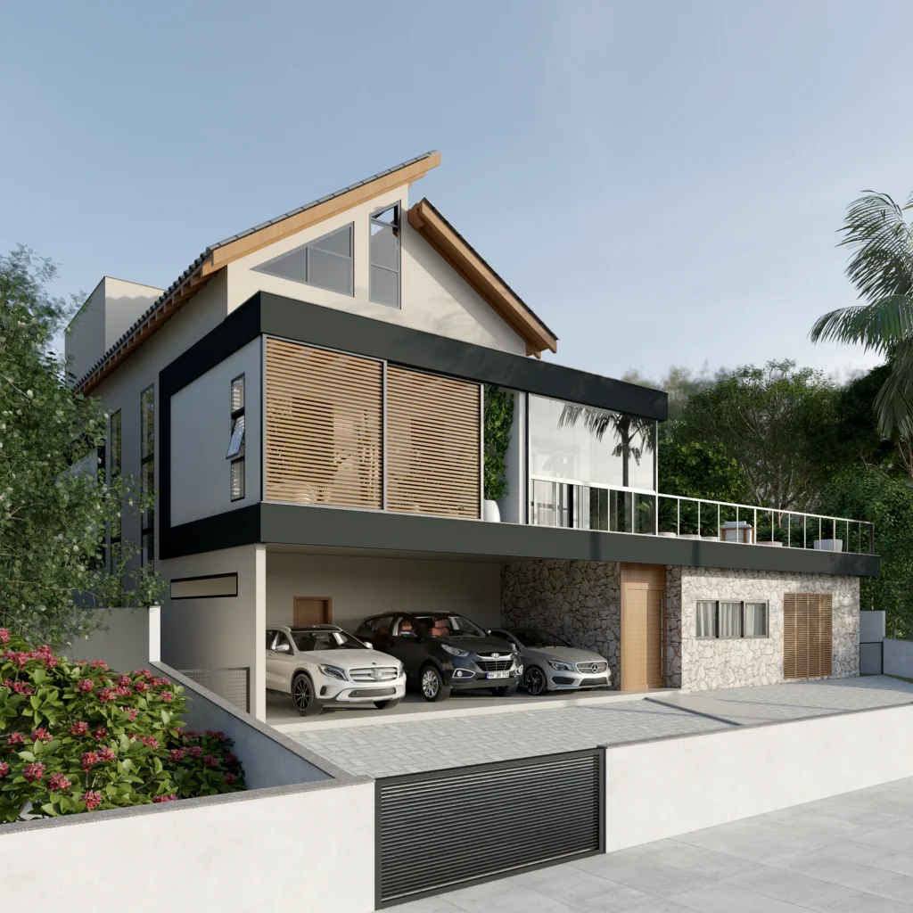 Render da perspectiva frontal pelo outro ângulo, com os brises de madeira e o terraço com guarda-corpo metálico