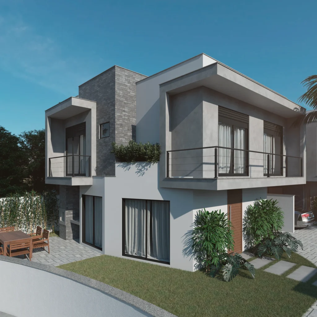 Render da perspectiva da casa 01, com painel em pedra e sacada com guarda-corpo metálico