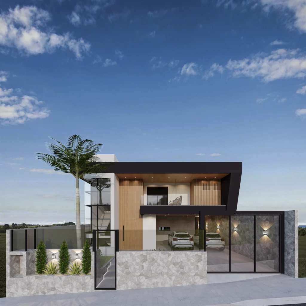 Render da fachada frontal, com moldura escura sobre a garagem, painel de madeira no acesso e muros revestidos em pedra