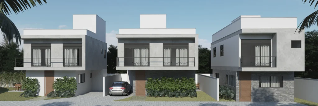 Render da perspectiva lateral, mostrando o alinhamento das três unidades