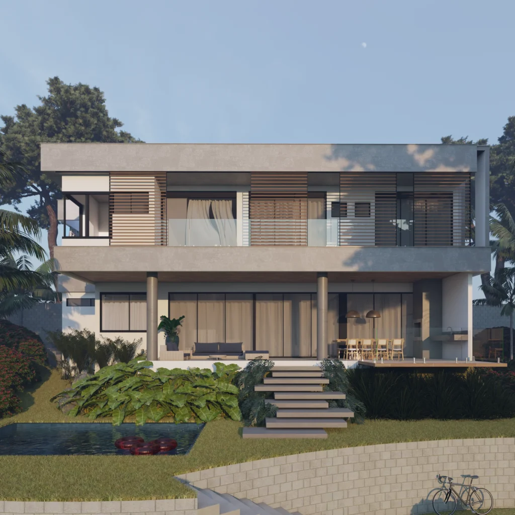 Render da fachada posterior, com varanda profunda no térreo, brises no pavimento superior e escada descendo até a piscina