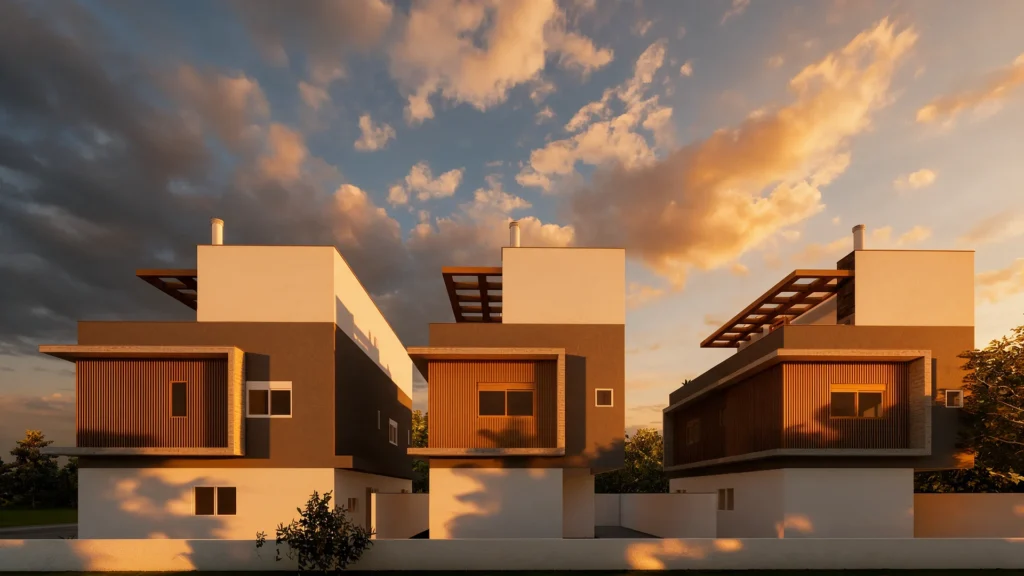 Fachada das Residências Assis ao entardecer, três casas geminadas no Campeche