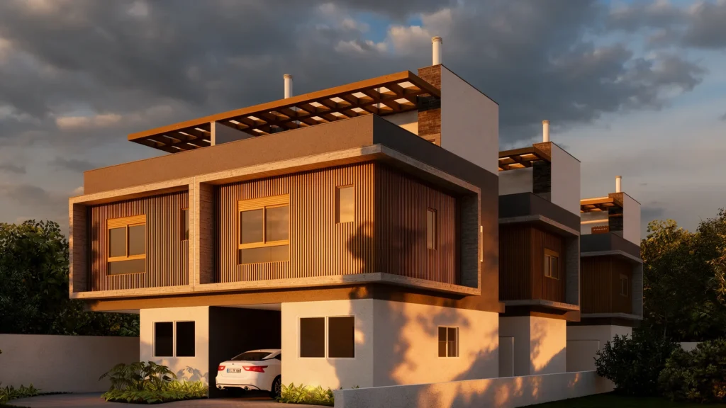 Fachada em perspectiva das Residências Assis ao entardecer
